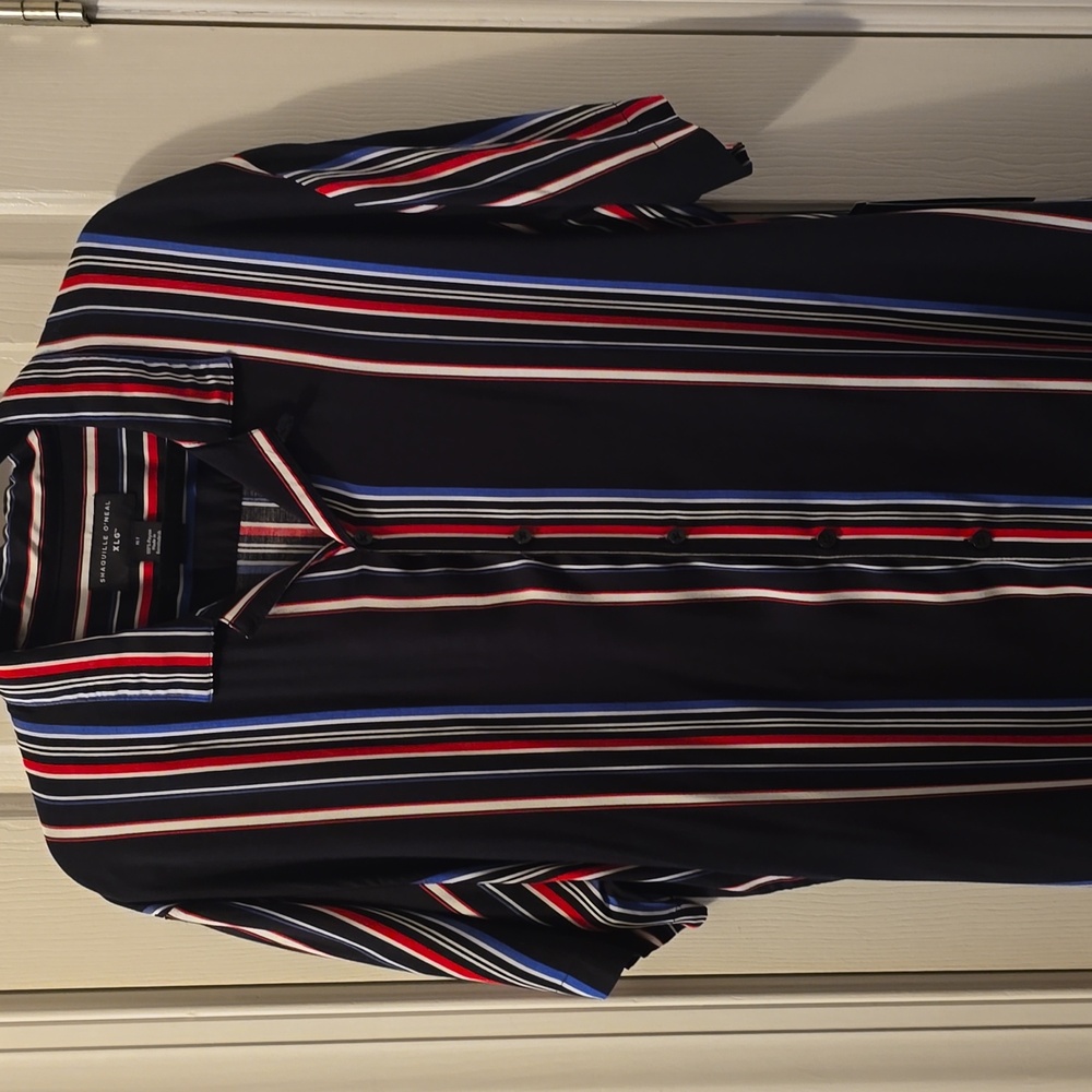 SHAQUILLE O'NEAL MENS BLACK MULTI COLORED STRIPES BIG & TALL SHIRT SIZE XLT